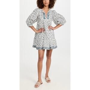 Marea Liz Joy Tuckernuck Casita Blue Block Print Mini Dress Cotton Peasant Med